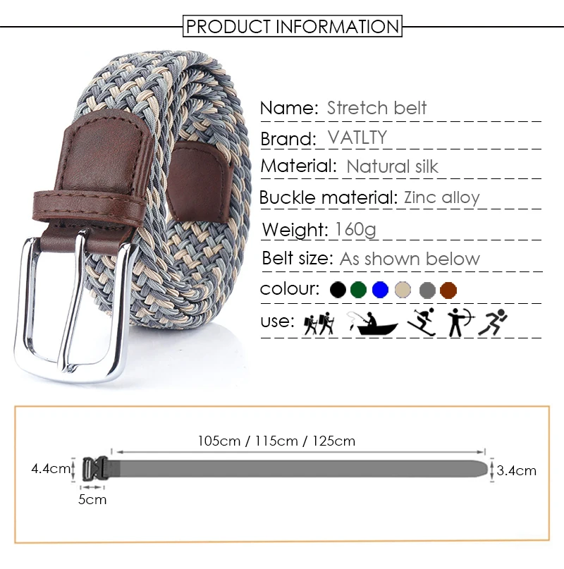 VATLTY Fashion Woven Elastic Belt for Women Men Solid Alloy Silver Buckle Stretch Strap Female Jeans Brown Belt Girdles Male