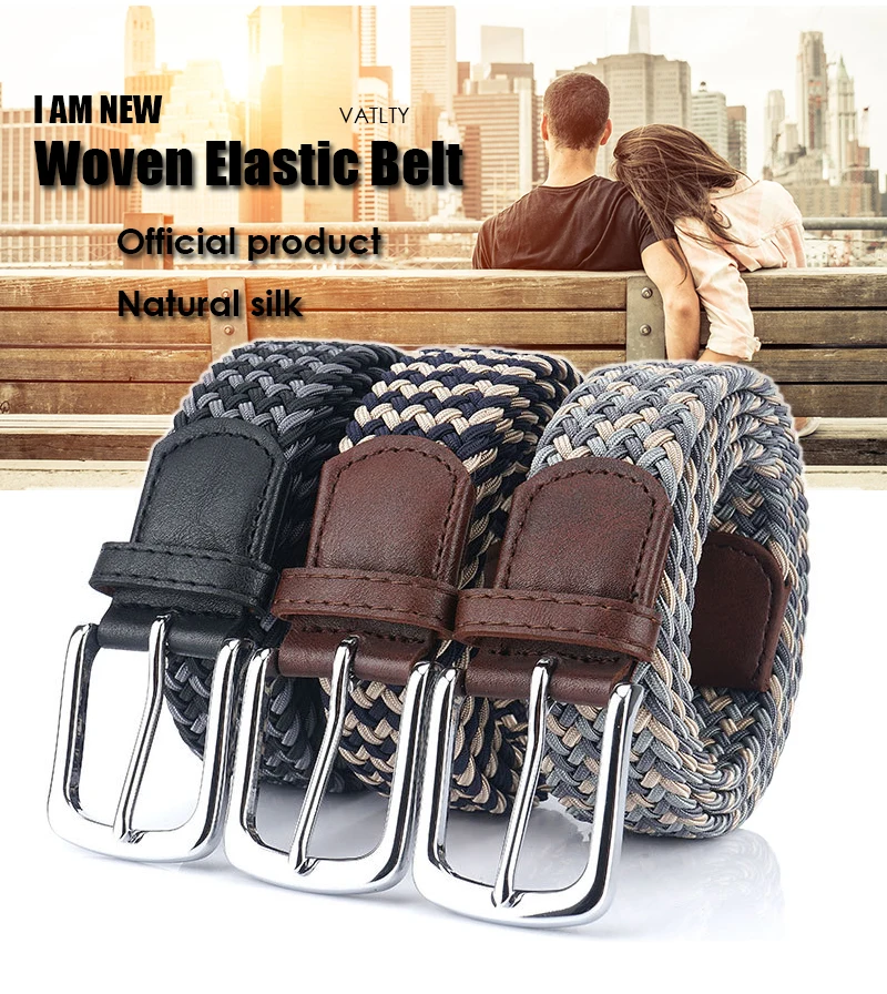 VATLTY Fashion Woven Elastic Belt for Women Men Solid Alloy Silver Buckle Stretch Strap Female Jeans Brown Belt Girdles Male