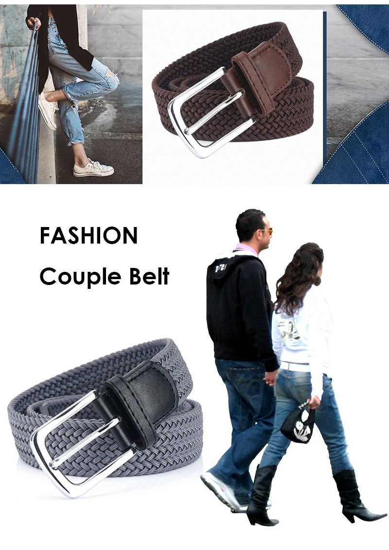 VATLTY Fashion Woven Elastic Belt for Women Men Solid Alloy Silver Buckle Stretch Strap Female Jeans Brown Belt Girdles Male
