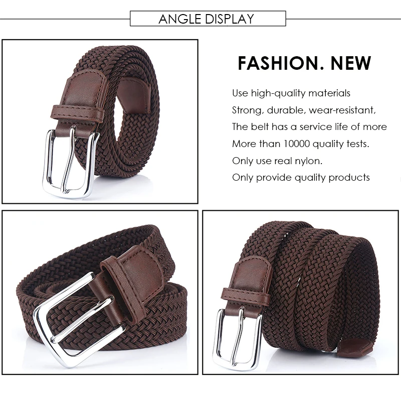 VATLTY Fashion Woven Elastic Belt for Women Men Solid Alloy Silver Buckle Stretch Strap Female Jeans Brown Belt Girdles Male