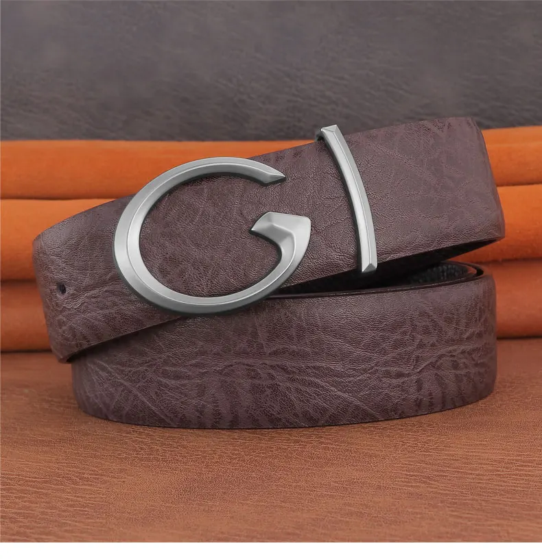Men Designer Casual Fashion Smooth Buckle Leather belts High Quality Luxury Famous Brand young Jeans Coffee Genuine Leather Belt