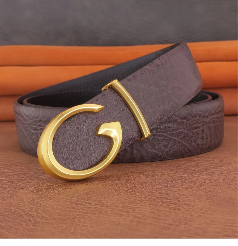 Men Designer Casual Fashion Smooth Buckle Leather belts High Quality Luxury Famous Brand young Jeans Coffee Genuine Leather Belt