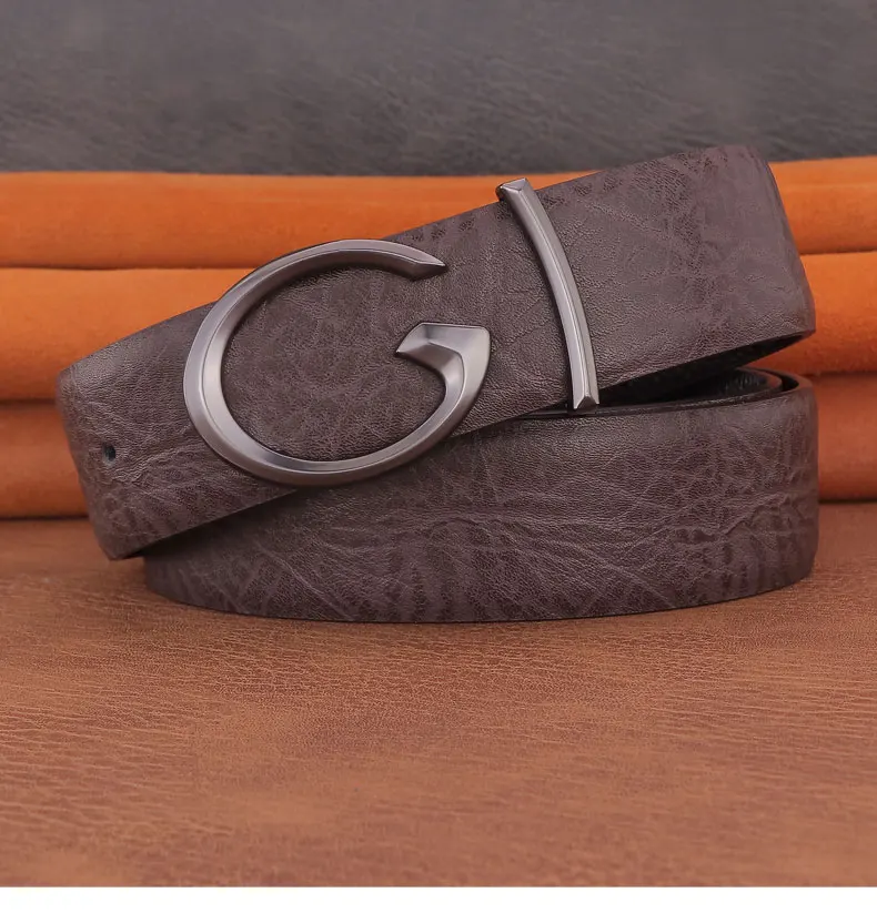 Men Designer Casual Fashion Smooth Buckle Leather belts High Quality Luxury Famous Brand young Jeans Coffee Genuine Leather Belt