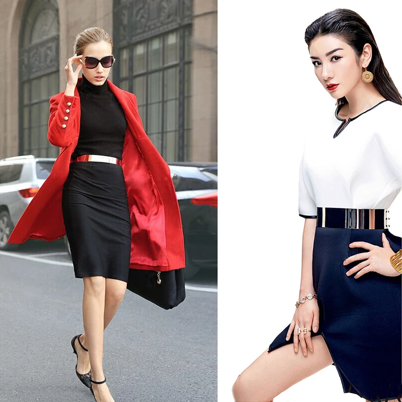 Womens Full Metal Mirror Gold Silver Plate Waist Belt Fashion Lady Female Skinny Belt Adjustable Waist Strap Belt for Dress