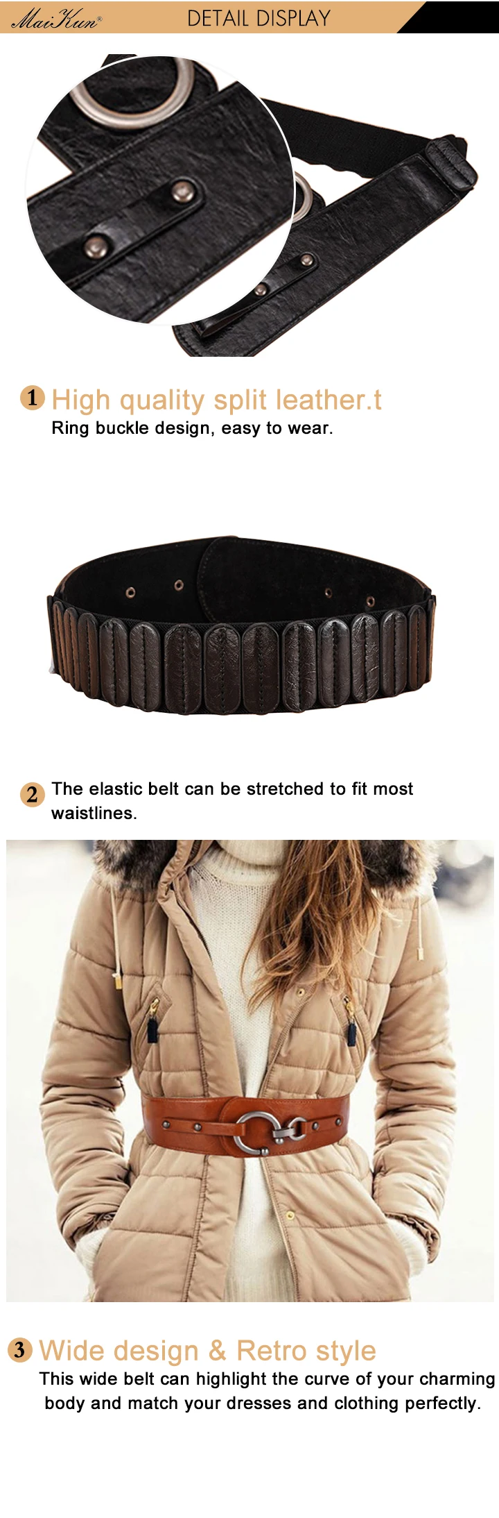 Maikun Wide Belts for Women Vintage Elastic Womens Belt Metal Hook Buckle