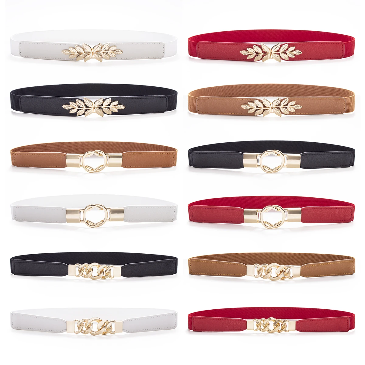 SISHION Summer Fashion Women Belts for Dress SH032 PU Leather Thin Elastic Waist Belt Slim Waistband Black Camel Coffee