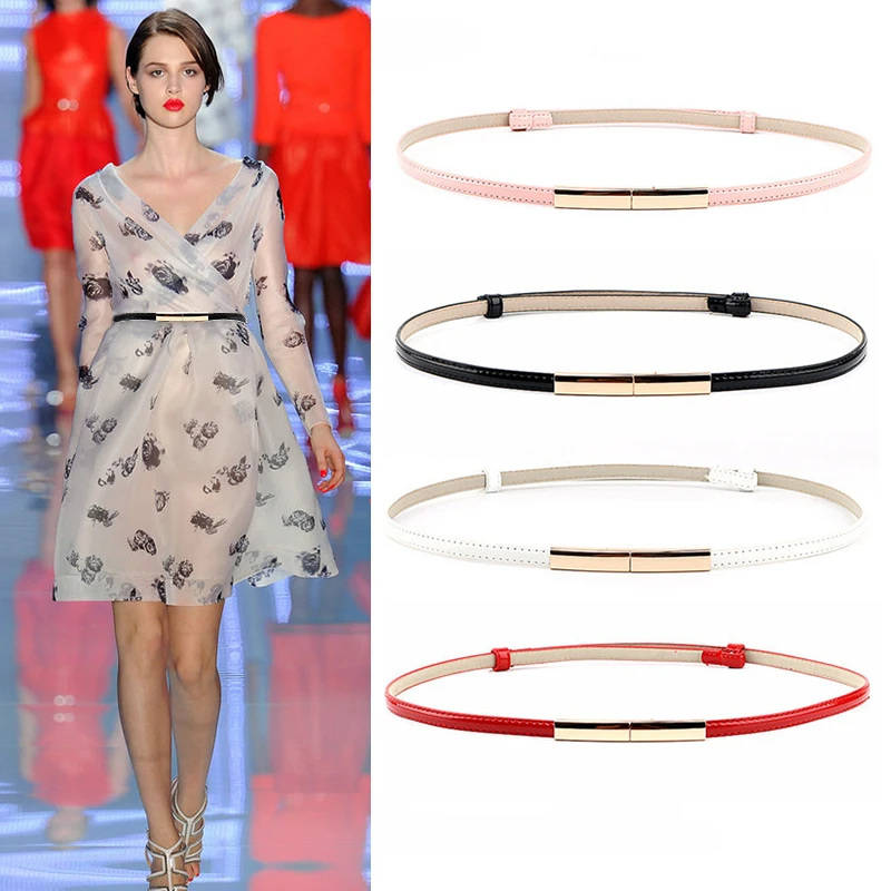 Fashion New Thin PU Leather Belt For Women Lady Gold Metal Buckle Adjustable Waistband Dress Coat Decoration Waist Straps