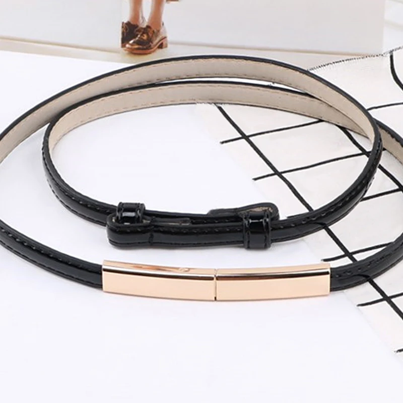 Fashion New Thin PU Leather Belt For Women Lady Gold Metal Buckle Adjustable Waistband Dress Coat Decoration Waist Straps