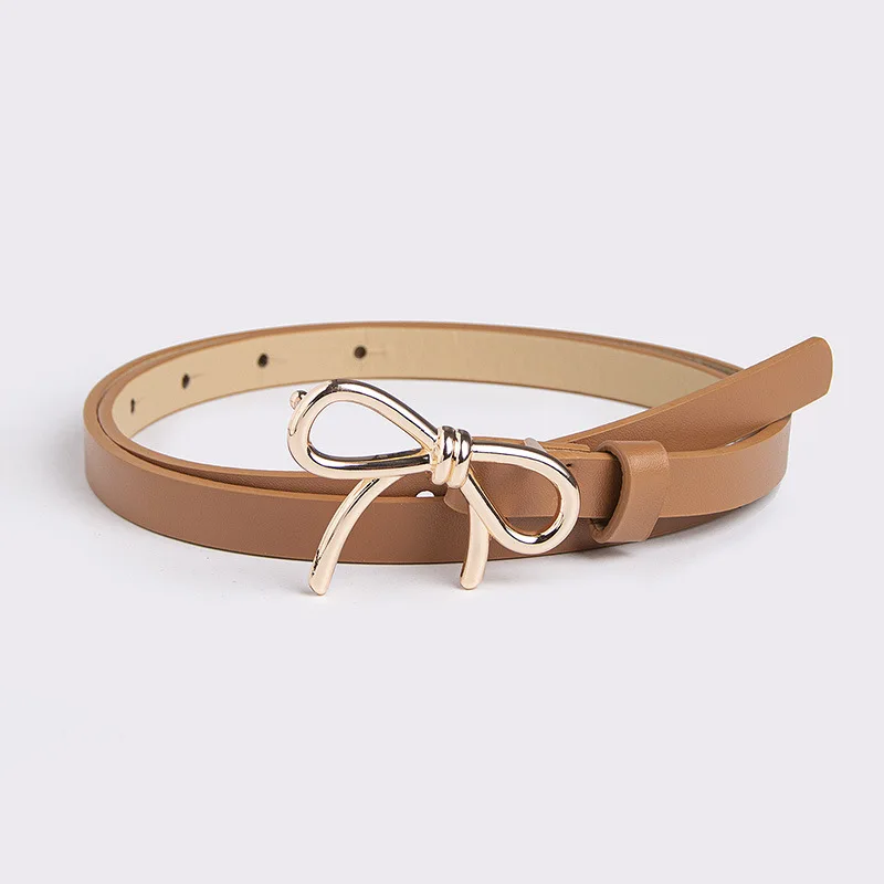 Women Fashionable Gold Silver Bowknot Buckle Belt PU Leather Thin Belt Casual Versatile Trend Jeans Ladies Waistband
