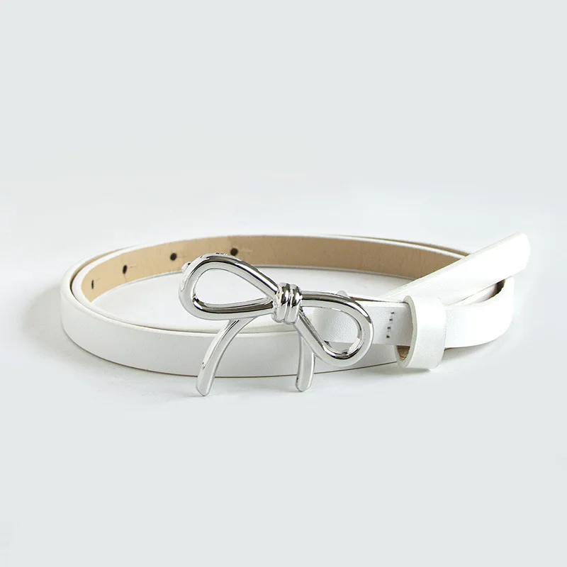 Women Fashionable Gold Silver Bowknot Buckle Belt PU Leather Thin Belt Casual Versatile Trend Jeans Ladies Waistband