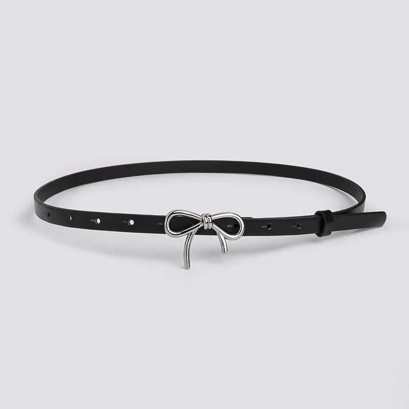 Women Fashionable Gold Silver Bowknot Buckle Belt PU Leather Thin Belt Casual Versatile Trend Jeans Ladies Waistband