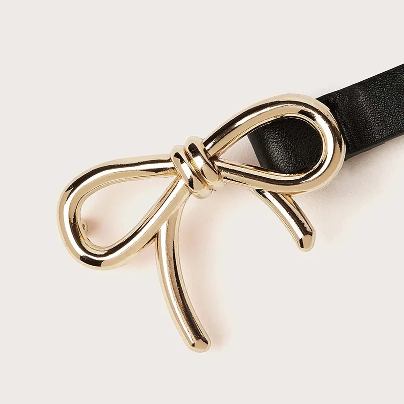 Women Fashionable Gold Silver Bowknot Buckle Belt PU Leather Thin Belt Casual Versatile Trend Jeans Ladies Waistband