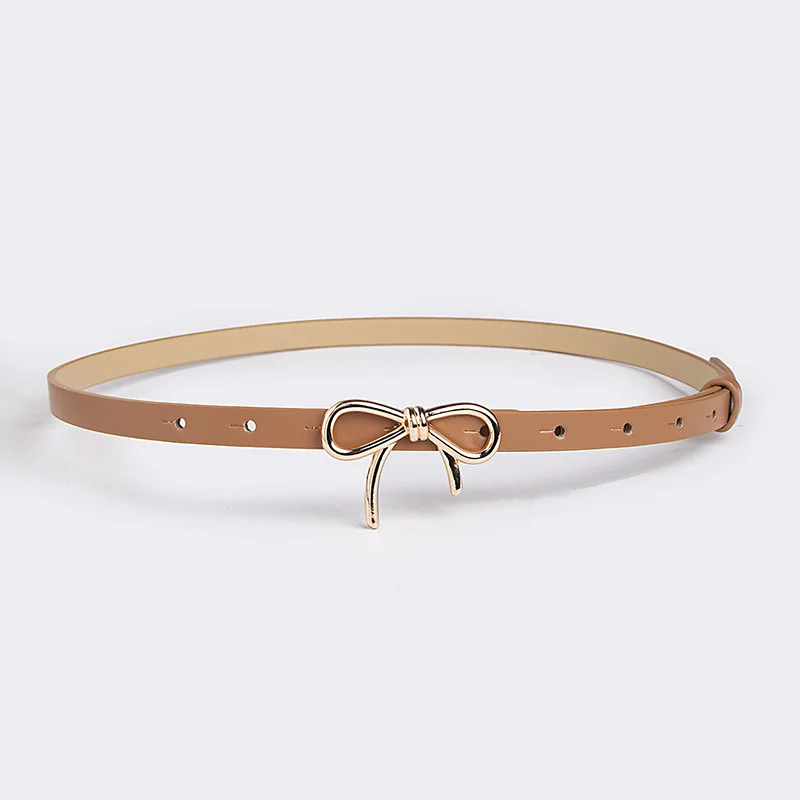 Women Fashionable Gold Silver Bowknot Buckle Belt PU Leather Thin Belt Casual Versatile Trend Jeans Ladies Waistband