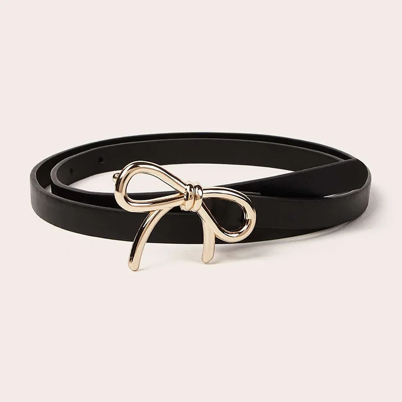 Women Fashionable Gold Silver Bowknot Buckle Belt PU Leather Thin Belt Casual Versatile Trend Jeans Ladies Waistband