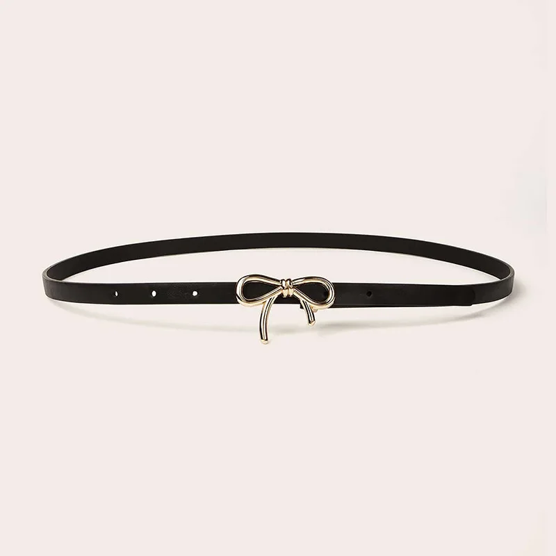 Women Fashionable Gold Silver Bowknot Buckle Belt PU Leather Thin Belt Casual Versatile Trend Jeans Ladies Waistband