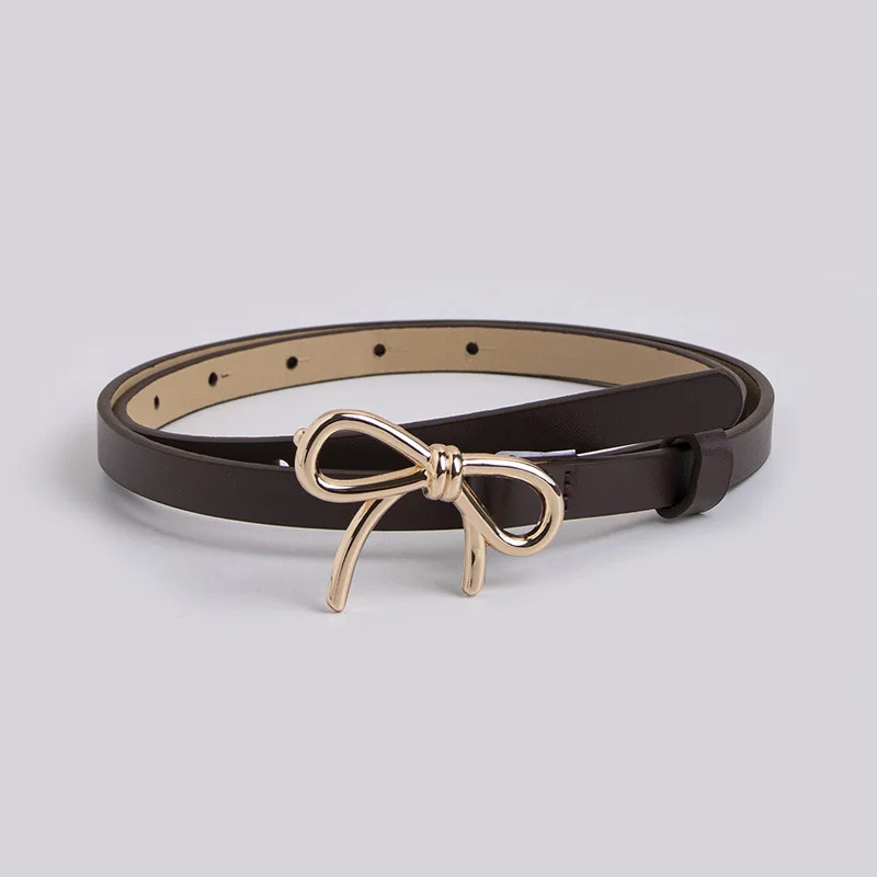 Women Fashionable Gold Silver Bowknot Buckle Belt PU Leather Thin Belt Casual Versatile Trend Jeans Ladies Waistband