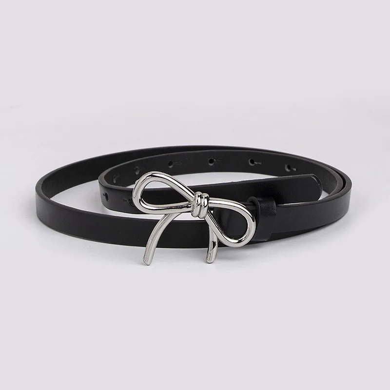 Women Fashionable Gold Silver Bowknot Buckle Belt PU Leather Thin Belt Casual Versatile Trend Jeans Ladies Waistband