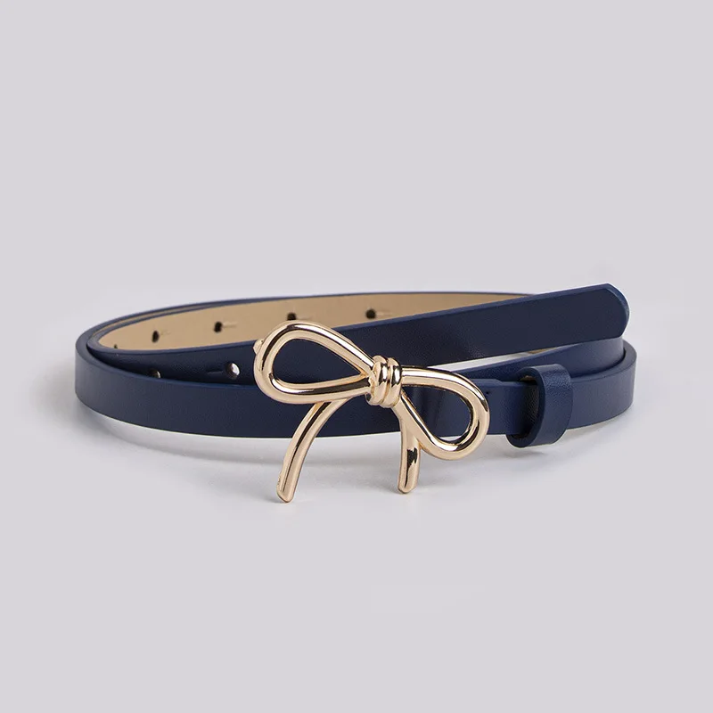 Women Fashionable Gold Silver Bowknot Buckle Belt PU Leather Thin Belt Casual Versatile Trend Jeans Ladies Waistband
