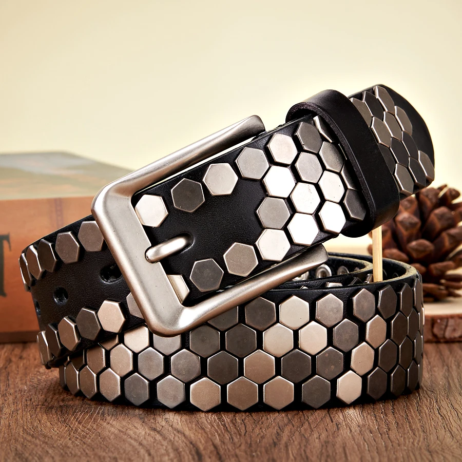3.8cm Width Men Rivet Studded Belt Punk With Pin Buckle Belts Hip Hop Male High Quality Genuine Leather Belt Rock Strap