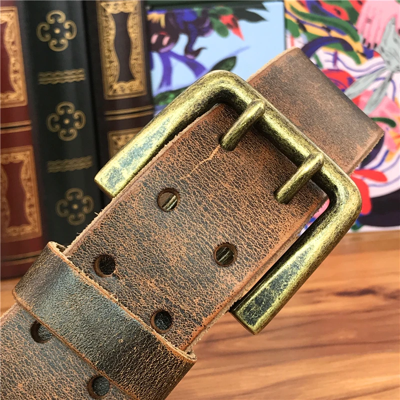 Double Pin Vintage Belt Buckle Super Wide 4.2CM Genuine Leather Men Belt Luxury Ceinture Homme Jeans Cinturon Mujer MBT0018