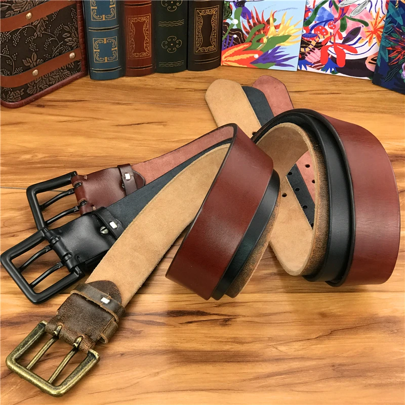 Double Pin Vintage Belt Buckle Super Wide 4.2CM Genuine Leather Men Belt Luxury Ceinture Homme Jeans Cinturon Mujer MBT0018