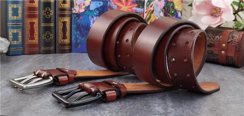 Double Pin Vintage Belt Buckle Super Wide 4.2CM Genuine Leather Men Belt Luxury Ceinture Homme Jeans Cinturon Mujer MBT0018