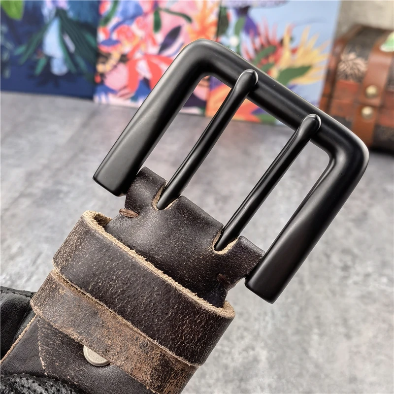 Double Pin Vintage Belt Buckle Super Wide 4.2CM Genuine Leather Men Belt Luxury Ceinture Homme Jeans Cinturon Mujer MBT0018