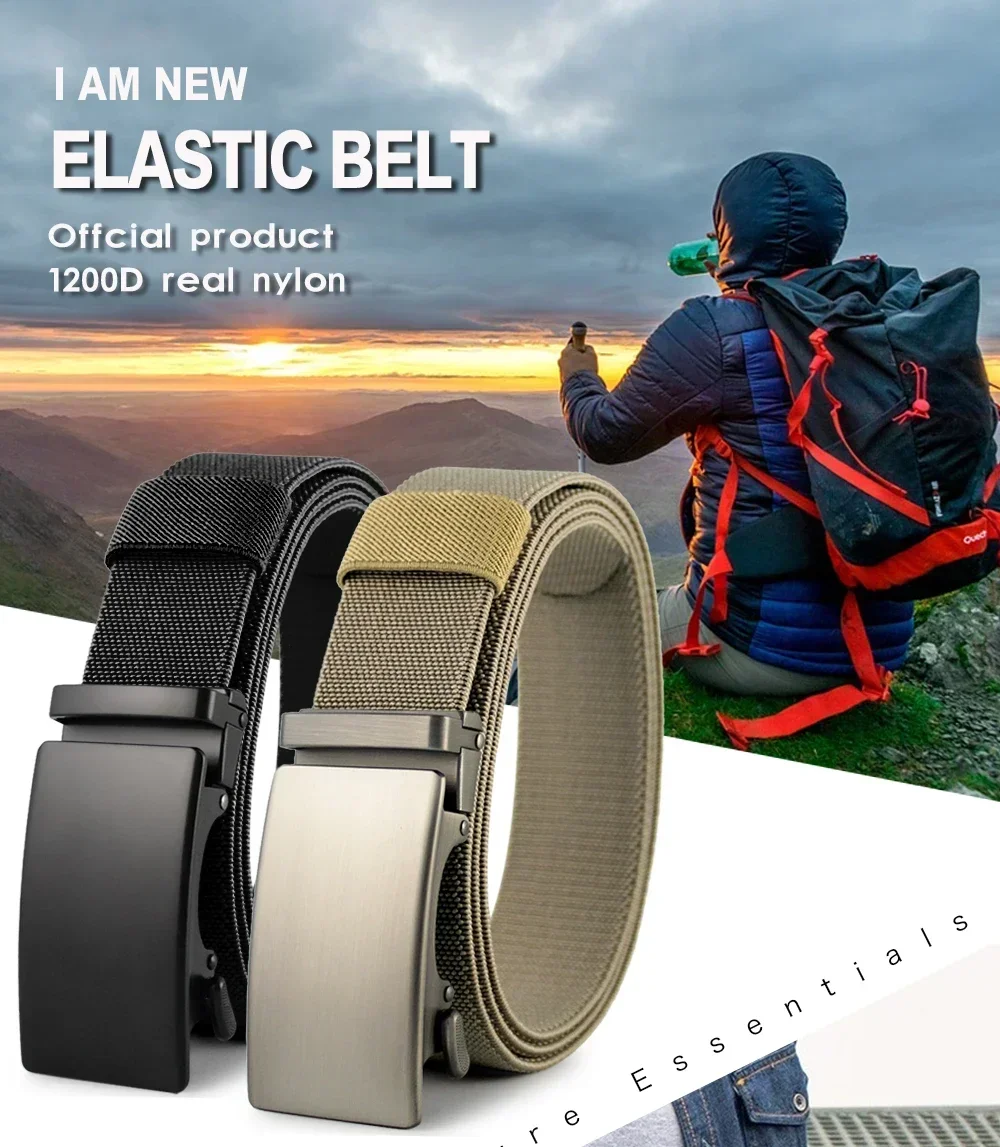 Golf Sports Elastic Belt Tactical Belt Metal Automatic Buckle Tough Stretch Nylon Men Military Belt 115-135CM Big Size Belts