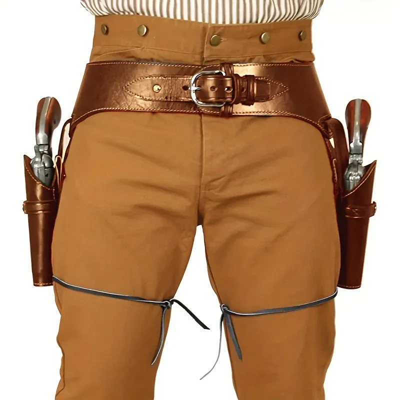 Retro Western Cowboy Gun Holster Belt Faux Leather Dual Pistol Holster Rig Steampunk Pirate Waist Belt For Halloween Party