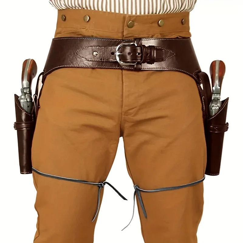 Retro Western Cowboy Gun Holster Belt Faux Leather Dual Pistol Holster Rig Steampunk Pirate Waist Belt For Halloween Party