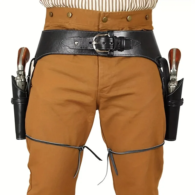 Retro Western Cowboy Gun Holster Belt Faux Leather Dual Pistol Holster Rig Steampunk Pirate Waist Belt For Halloween Party