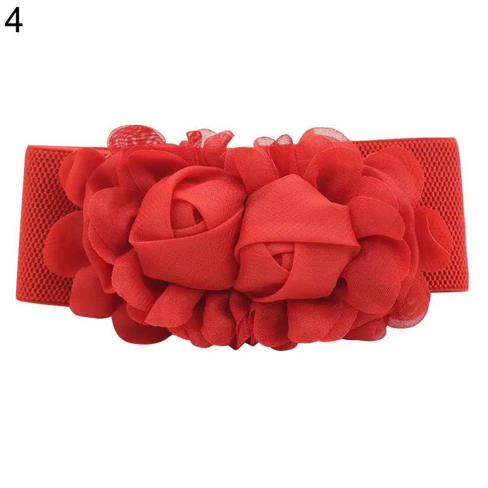 Fashion Belt For Women's Double Rose Flowers Elastic Stretch Waist Belt Wide Stretch Waistband