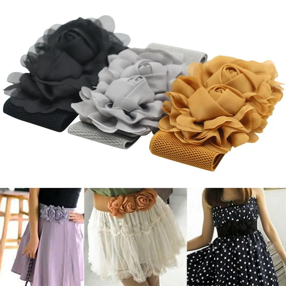 Fashion Belt For Women's Double Rose Flowers Elastic Stretch Waist Belt Wide Stretch Waistband