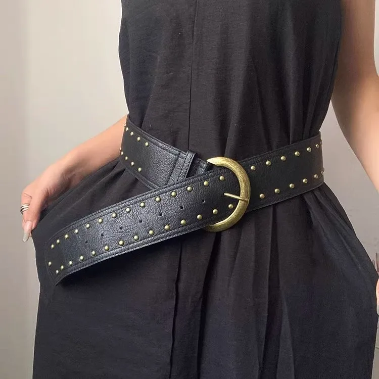 American Streetwear Rivet Wide Belt Women Vintage Metal Buckle Black/Brown Street Style Accessory