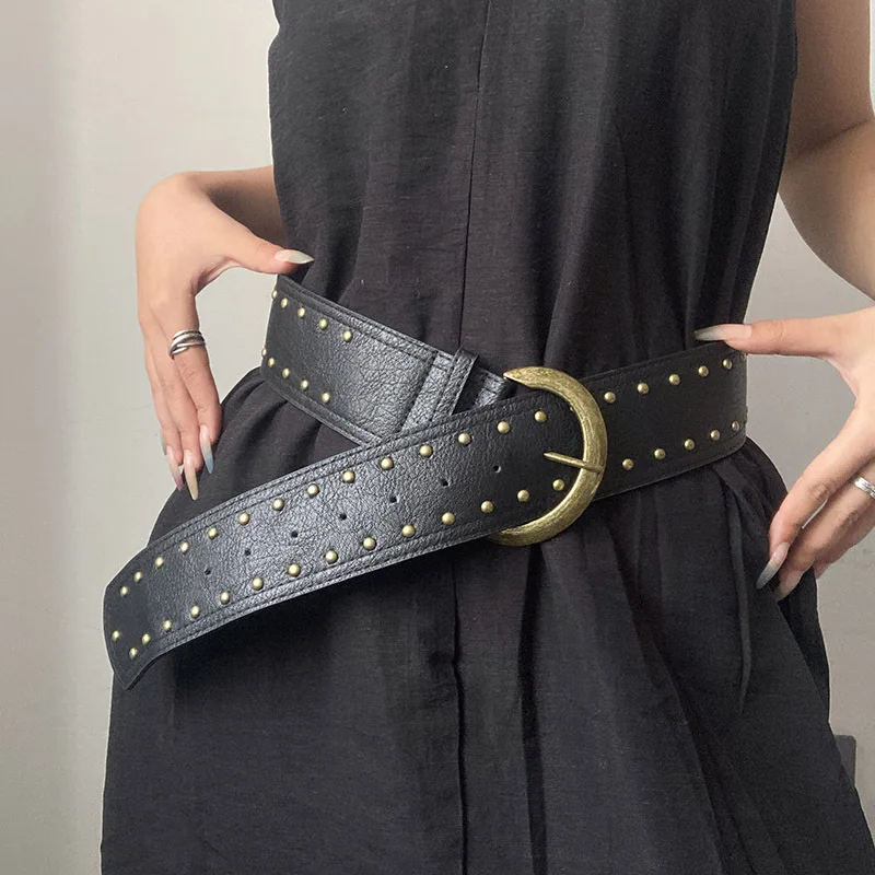 American Streetwear Rivet Wide Belt Women Vintage Metal Buckle Black/Brown Street Style Accessory