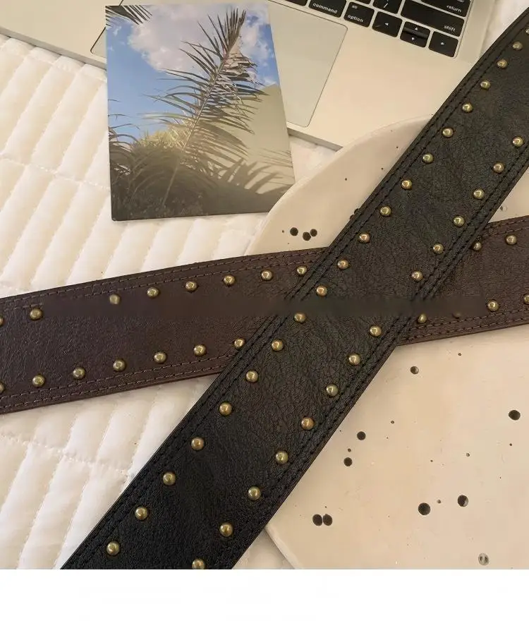 American Streetwear Rivet Wide Belt Women Vintage Metal Buckle Black/Brown Street Style Accessory