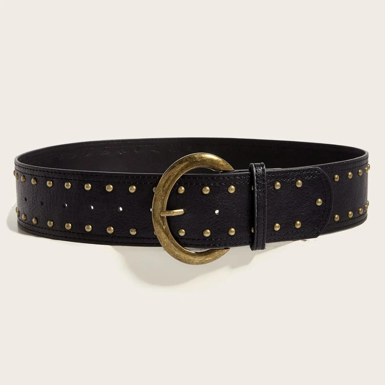 American Streetwear Rivet Wide Belt Women Vintage Metal Buckle Black/Brown Street Style Accessory