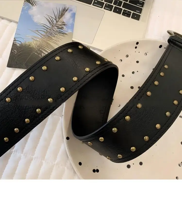 American Streetwear Rivet Wide Belt Women Vintage Metal Buckle Black/Brown Street Style Accessory