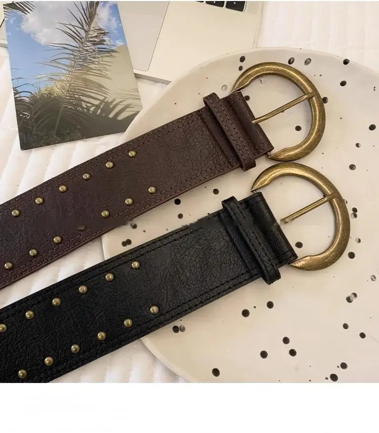 American Streetwear Rivet Wide Belt Women Vintage Metal Buckle Black/Brown Street Style Accessory