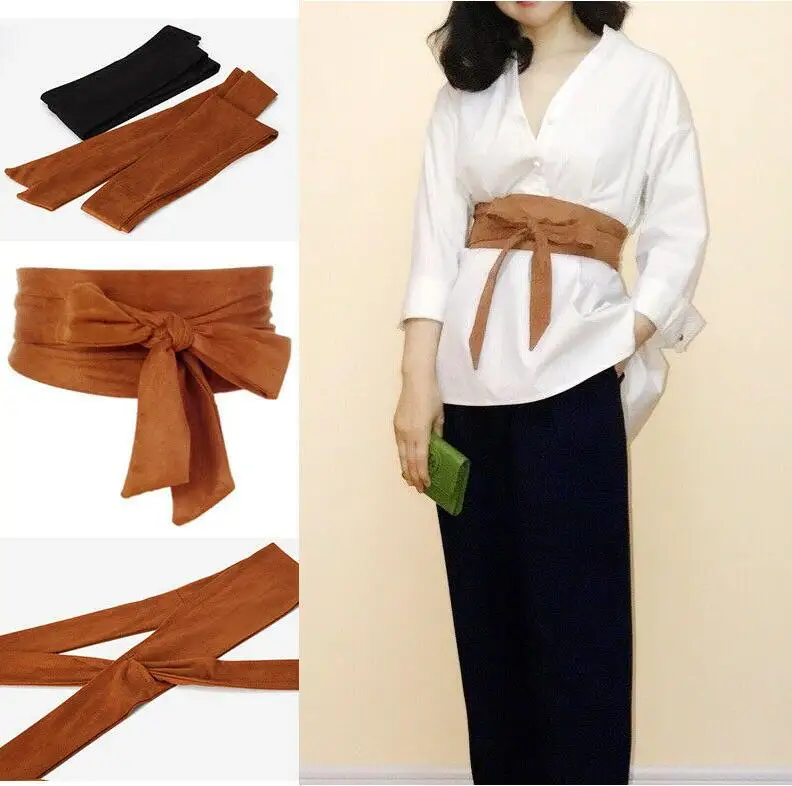 Helisopus  New Suede Belts for Women Corset Camel Autumn Winter Waist Belt Female Waistband Solid Bow Tie Wide Belts