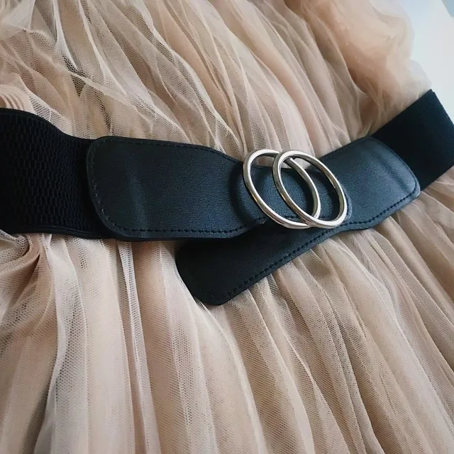 Women's Girdle Elastic Stretch Wide Waist Belts W Double Rings Buckle Cummerbunds Ladies