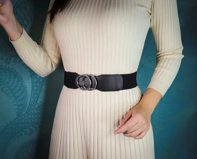 Women's Girdle Elastic Stretch Wide Waist Belts W Double Rings Buckle Cummerbunds Ladies