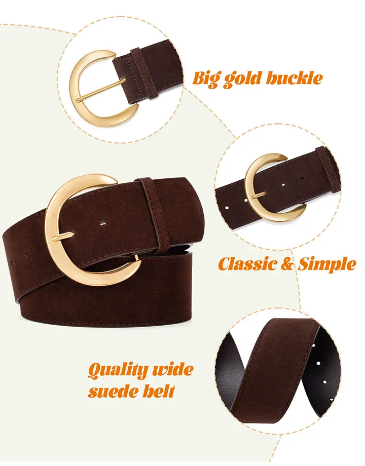 Maikun Wide Suede Belts For Women Ladies Chunky Waistband Fashion For Dress with Gold Buckle