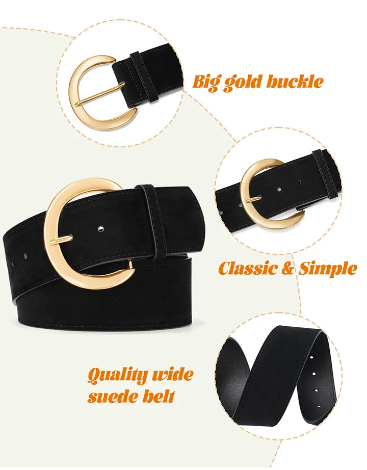 Maikun Wide Suede Belts For Women Ladies Chunky Waistband Fashion For Dress with Gold Buckle