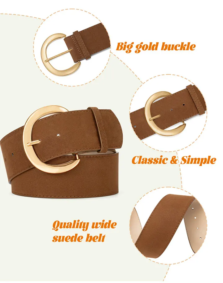 Maikun Wide Suede Belts For Women Ladies Chunky Waistband Fashion For Dress with Gold Buckle
