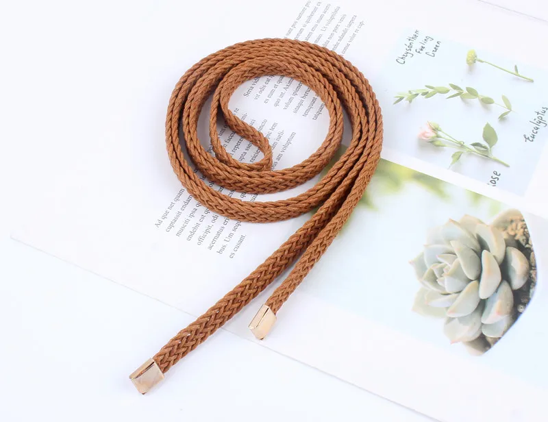 Girls Vintage Brown Thin Belts For Women Dress Knitted Woven Braided Strap Belt Waist Knotted Rope Luxury Fashion Ladies