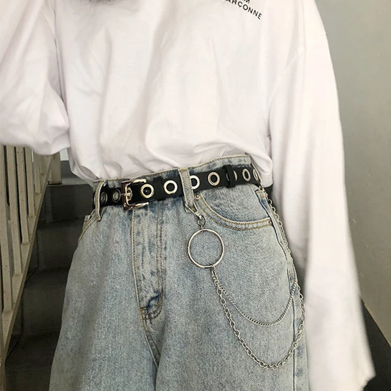 Men Women Punk Belt PU Leather Pin Buckle Jeans Strap Korean Full Hole Decorative Pants Chain Boys Girls Street Retro Waistband
