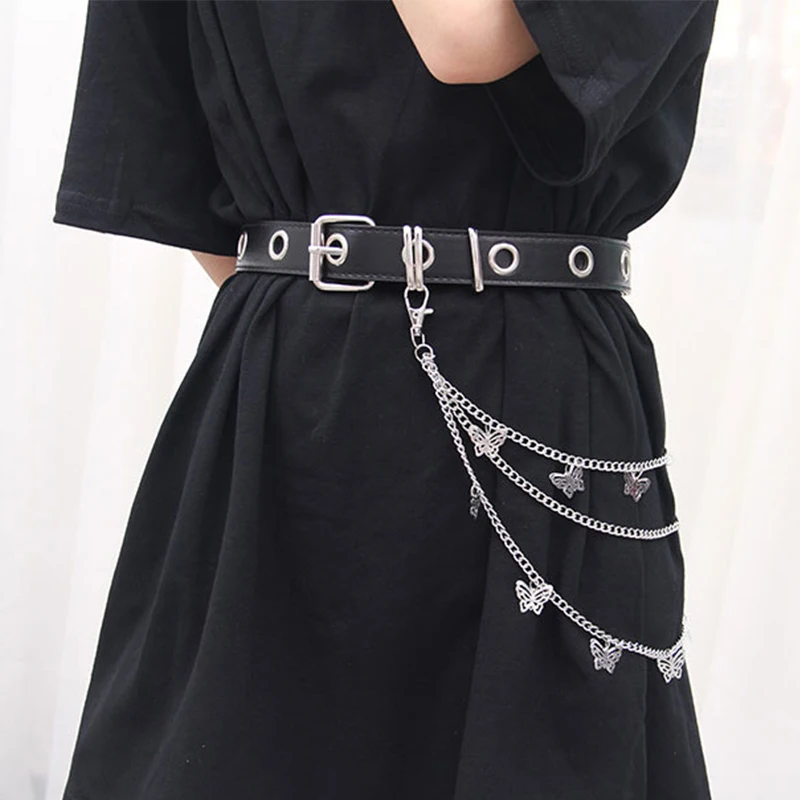 Men Women Punk Belt PU Leather Pin Buckle Jeans Strap Korean Full Hole Decorative Pants Chain Boys Girls Street Retro Waistband
