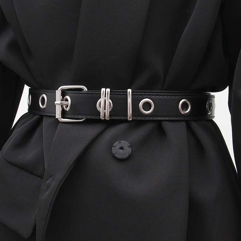 Men Women Punk Belt PU Leather Pin Buckle Jeans Strap Korean Full Hole Decorative Pants Chain Boys Girls Street Retro Waistband