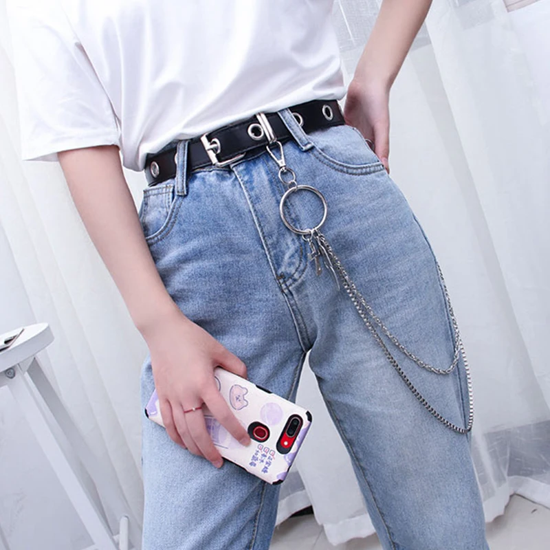 Men Women Punk Belt PU Leather Pin Buckle Jeans Strap Korean Full Hole Decorative Pants Chain Boys Girls Street Retro Waistband